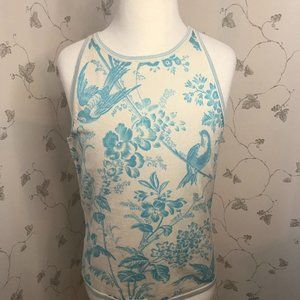 Vintage Blue Bird & Floral Patterned Fine Sweater-weight Sleeveless Shell